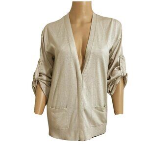 Ann Taylor Cardigan Small Beige Button-Up Roll-Tab Sleeves Knit Silky Cashmere